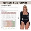 QINSEN Women’s Sexy Square Neck Bodysuit Long Sleeve Double Lined Shirt Tops(Black)