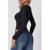 QINSEN Women’s Sexy Square Neck Bodysuit Long Sleeve Double Lined Shirt Tops(Black)