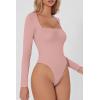 QINSEN Women’s Sexy Square Neck Bodysuit Long Sleeve Double Lined Shirt Tops(Bridal Rose)