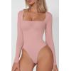 QINSEN Women’s Sexy Square Neck Bodysuit Long Sleeve Double Lined Shirt Tops(Bridal Rose)