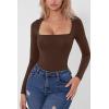 QINSEN Women’s Sexy Square Neck Bodysuit Long Sleeve Double Lined Shirt Tops(Coffee Bean)