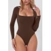 QINSEN Women’s Sexy Square Neck Bodysuit Long Sleeve Double Lined Shirt Tops(Coffee Bean)