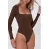 QINSEN Women’s Sexy Square Neck Bodysuit Long Sleeve Double Lined Shirt Tops(Coffee Bean)