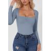 QINSEN Women’s Sexy Square Neck Bodysuit Long Sleeve Double Lined Shirt Tops(County Blue)