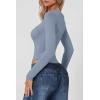 QINSEN Women’s Sexy Square Neck Bodysuit Long Sleeve Double Lined Shirt Tops(County Blue)