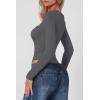 QINSEN Women’s Sexy Square Neck Bodysuit Long Sleeve Double Lined Shirt Tops(Dark Grey)