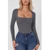 QINSEN Women’s Sexy Square Neck Bodysuit Long Sleeve Double Lined Shirt Tops(Dark Grey)