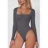 QINSEN Women’s Sexy Square Neck Bodysuit Long Sleeve Double Lined Shirt Tops(Dark Grey)