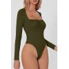 QINSEN Women’s Sexy Square Neck Bodysuit Long Sleeve Double Lined Shirt Tops(Dark Olive)