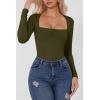 QINSEN Women’s Sexy Square Neck Bodysuit Long Sleeve Double Lined Shirt Tops(Dark Olive)