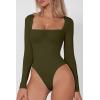 QINSEN Women’s Sexy Square Neck Bodysuit Long Sleeve Double Lined Shirt Tops(Dark Olive)