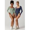 QINSEN Women’s Sexy Square Neck Bodysuit Long Sleeve Double Lined Shirt Tops(Estate Blue)