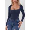 QINSEN Women’s Sexy Square Neck Bodysuit Long Sleeve Double Lined Shirt Tops(Estate Blue)