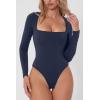 QINSEN Women’s Sexy Square Neck Bodysuit Long Sleeve Double Lined Shirt Tops(Estate Blue)