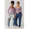 QINSEN Women’s Sexy Square Neck Bodysuit Long Sleeve Double Lined Shirt Tops(Fragrant Lilac)