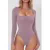QINSEN Women’s Sexy Square Neck Bodysuit Long Sleeve Double Lined Shirt Tops(Fragrant Lilac)