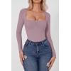 QINSEN Women’s Sexy Square Neck Bodysuit Long Sleeve Double Lined Shirt Tops(Fragrant Lilac)