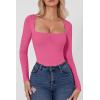 QINSEN Women’s Sexy Square Neck Bodysuit Long Sleeve Double Lined Shirt Tops(Magenta)