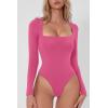 QINSEN Women’s Sexy Square Neck Bodysuit Long Sleeve Double Lined Shirt Tops(Magenta)