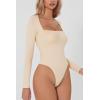 QINSEN Women’s Sexy Square Neck Bodysuit Long Sleeve Double Lined Shirt Tops(Marzipan)