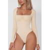 QINSEN Women’s Sexy Square Neck Bodysuit Long Sleeve Double Lined Shirt Tops(Marzipan)