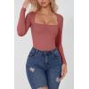 QINSEN Women’s Sexy Square Neck Bodysuit Long Sleeve Double Lined Shirt Tops(Merlot)