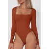 QINSEN Women’s Sexy Square Neck Bodysuit Long Sleeve Double Lined Shirt Tops(Picante)