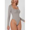 QINSEN Women’s Sexy Square Neck Bodysuit Long Sleeve Double Lined Shirt Tops(Quiet Gray)