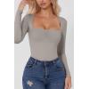 QINSEN Women’s Sexy Square Neck Bodysuit Long Sleeve Double Lined Shirt Tops(Quiet Gray)