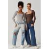 QINSEN Women’s Sexy Square Neck Bodysuit Long Sleeve Double Lined Shirt Tops(Quiet Gray)