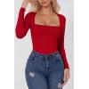 QINSEN Women’s Sexy Square Neck Bodysuit Long Sleeve Double Lined Shirt Tops(Red)