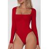 QINSEN Women’s Sexy Square Neck Bodysuit Long Sleeve Double Lined Shirt Tops(Red)