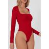 QINSEN Women’s Sexy Square Neck Bodysuit Long Sleeve Double Lined Shirt Tops(Red)