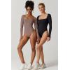 QINSEN Women’s Sexy Square Neck Bodysuit Long Sleeve Double Lined Shirt Tops(Rose Taupe)