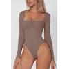 QINSEN Women’s Sexy Square Neck Bodysuit Long Sleeve Double Lined Shirt Tops(Rose Taupe)