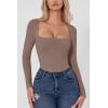 QINSEN Women’s Sexy Square Neck Bodysuit Long Sleeve Double Lined Shirt Tops(Rose Taupe)