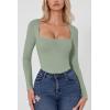 QINSEN Women’s Sexy Square Neck Bodysuit Long Sleeve Double Lined Shirt Tops(Smoke Green)