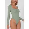 QINSEN Women’s Sexy Square Neck Bodysuit Long Sleeve Double Lined Shirt Tops(Smoke Green)