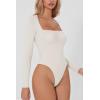 QINSEN Women’s Sexy Square Neck Bodysuit Long Sleeve Double Lined Shirt Tops(White)