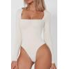 QINSEN Women’s Sexy Square Neck Bodysuit Long Sleeve Double Lined Shirt Tops(White)