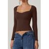QINSEN Womens Slimming Fit Sweetheart Neck Long Sleeve Basic Crop Tops Stretch Going Out Tee Shirt(Chestnut)