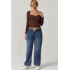 QINSEN Womens Slimming Fit Sweetheart Neck Long Sleeve Basic Crop Tops Stretch Going Out Tee Shirt(Chestnut)