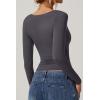 QINSEN Womens Slimming Fit Sweetheart Neck Long Sleeve Basic Crop Tops Stretch Going Out Tee Shirt(Dark Grey)