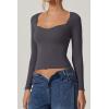 QINSEN Womens Slimming Fit Sweetheart Neck Long Sleeve Basic Crop Tops Stretch Going Out Tee Shirt(Dark Grey)