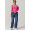 QINSEN Womens Slimming Fit Sweetheart Neck Long Sleeve Basic Crop Tops Stretch Going Out Tee Shirt(Hot Pink)