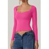 QINSEN Womens Slimming Fit Sweetheart Neck Long Sleeve Basic Crop Tops Stretch Going Out Tee Shirt(Hot Pink)