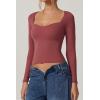 QINSEN Womens Slimming Fit Sweetheart Neck Long Sleeve Basic Crop Tops Stretch Going Out Tee Shirt(Marsala)