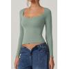 QINSEN Womens Slimming Fit Sweetheart Neck Long Sleeve Basic Crop Tops Stretch Going Out Tee Shirt(Mint Green)