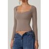 QINSEN Womens Slimming Fit Sweetheart Neck Long Sleeve Basic Crop Tops Stretch Going Out Tee Shirt(Mushroom)