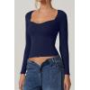 QINSEN Womens Slimming Fit Sweetheart Neck Long Sleeve Basic Crop Tops Stretch Going Out Tee Shirt(Navy)